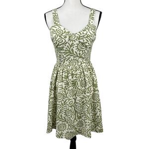 Japna Women's Mini Dress Medium Green Cream Fit & Flare Sleeveless Sundress